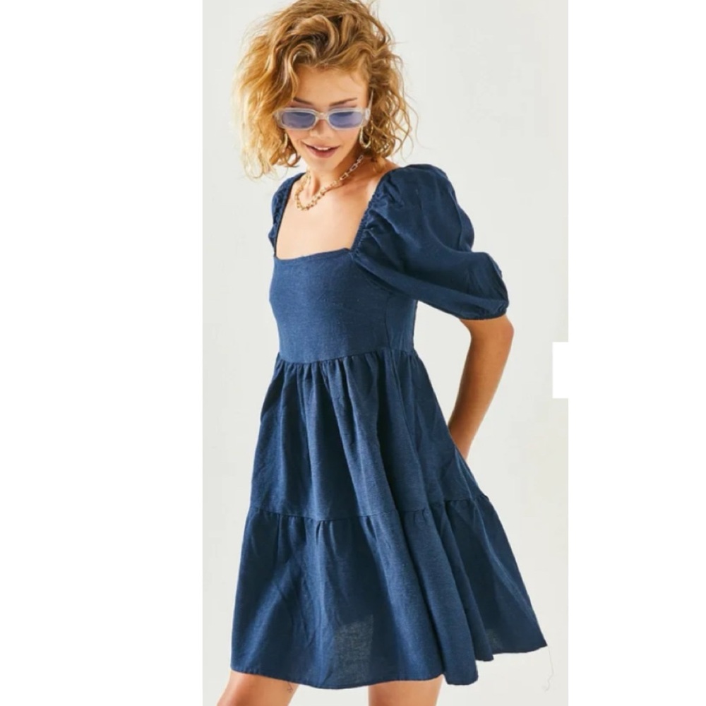 Tribe Linen Blend Blue Puff Sleeve Tiered Mini Dress
